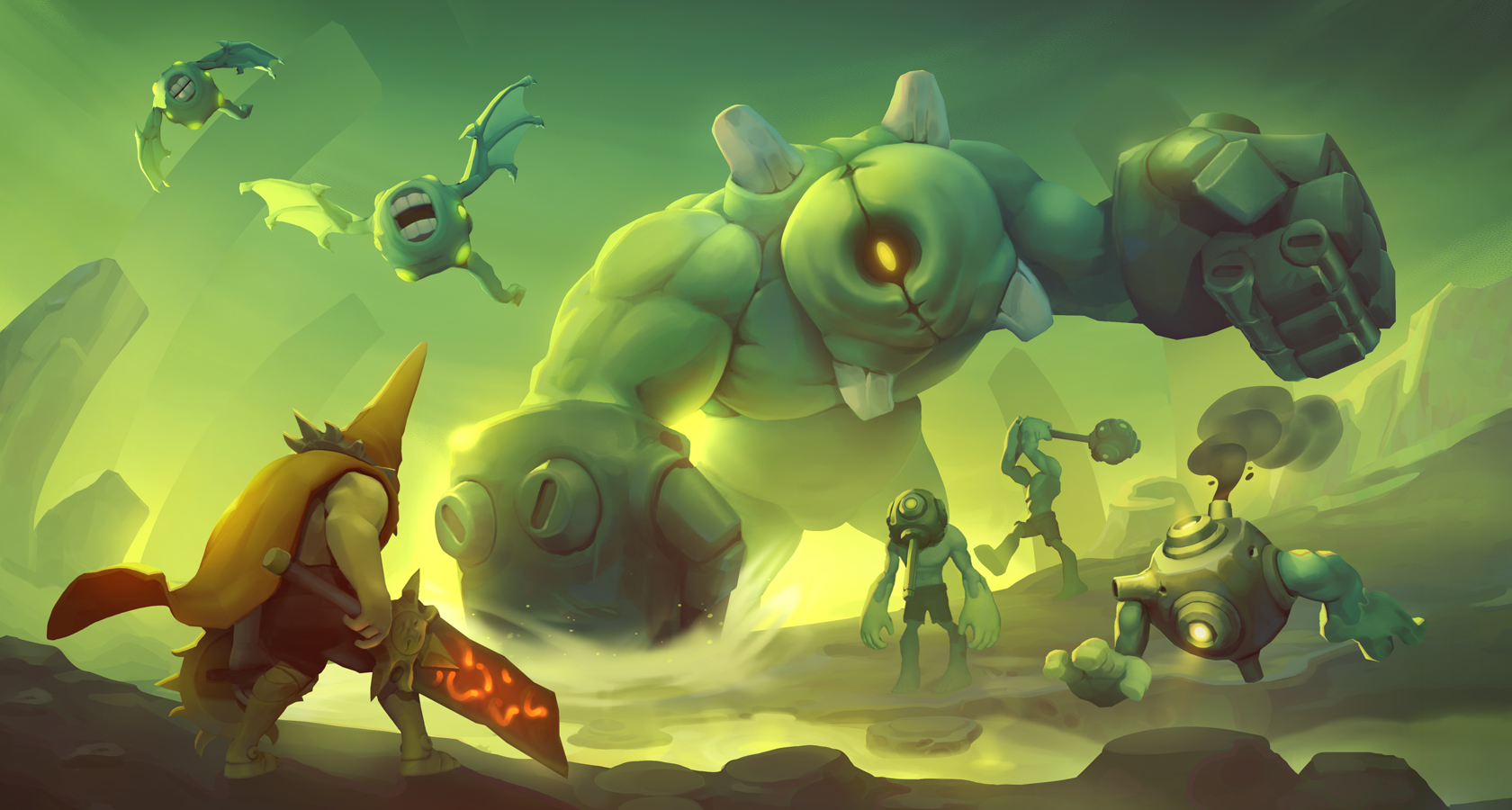 Evillium fantasy world: an adventurer faces a giant stone creature